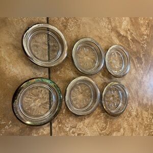 Vintage Silver Plated E.P. Brass Glass Coaster Set of 6 Floral Sunburst Pattern